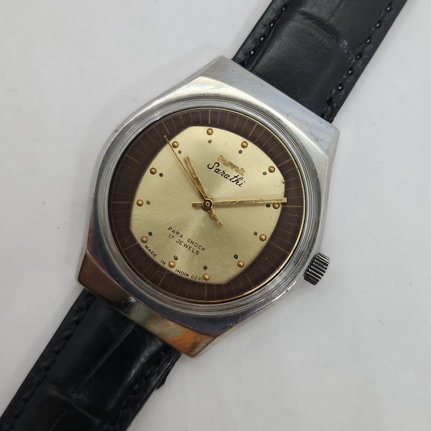 Vintage Original HMT Sarathi Hand Winding 17 Jewels Golden Face Black Leather Strap Men's Wrist Watch OG187