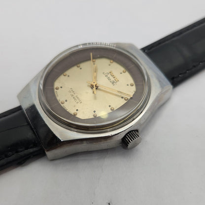 Vintage Original HMT Sarathi Hand Winding 17 Jewels Golden Face Black Leather Strap Men's Wrist Watch OG187