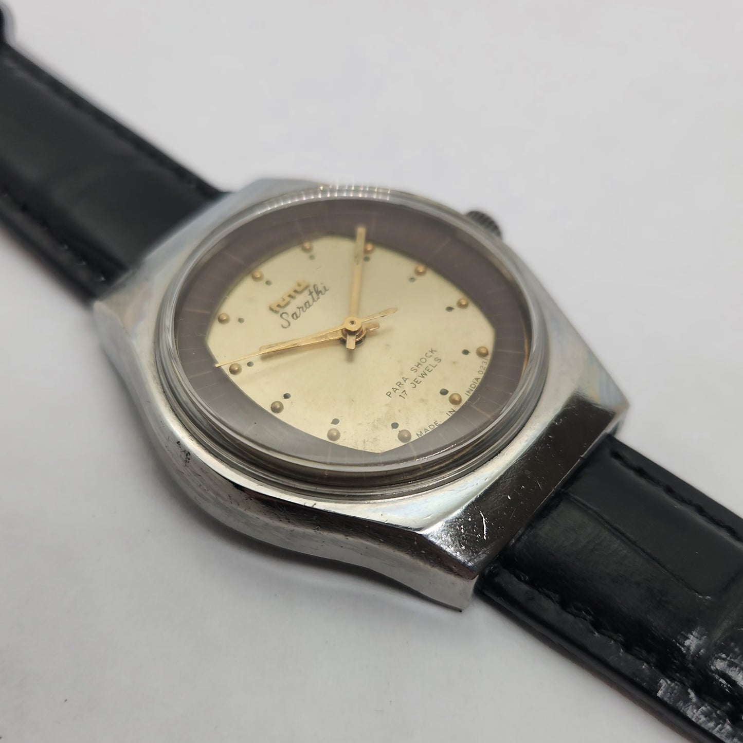 Vintage Original HMT Sarathi Hand Winding 17 Jewels Golden Face Black Leather Strap Men's Wrist Watch OG187