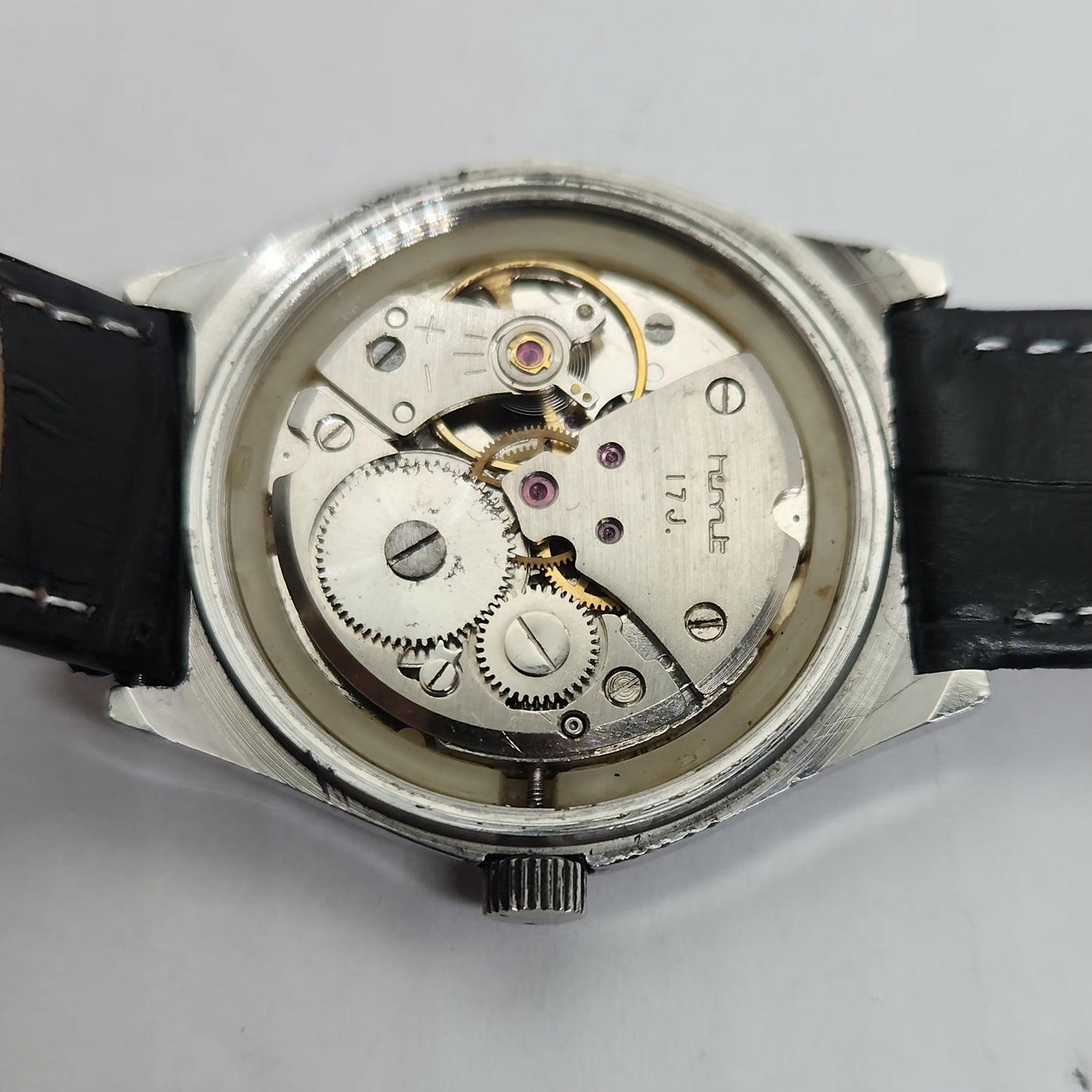 Vintage Original HMT Sarathi Hand Winding 17 Jewels Golden Face Black Leather Strap Men's Wrist Watch OG187