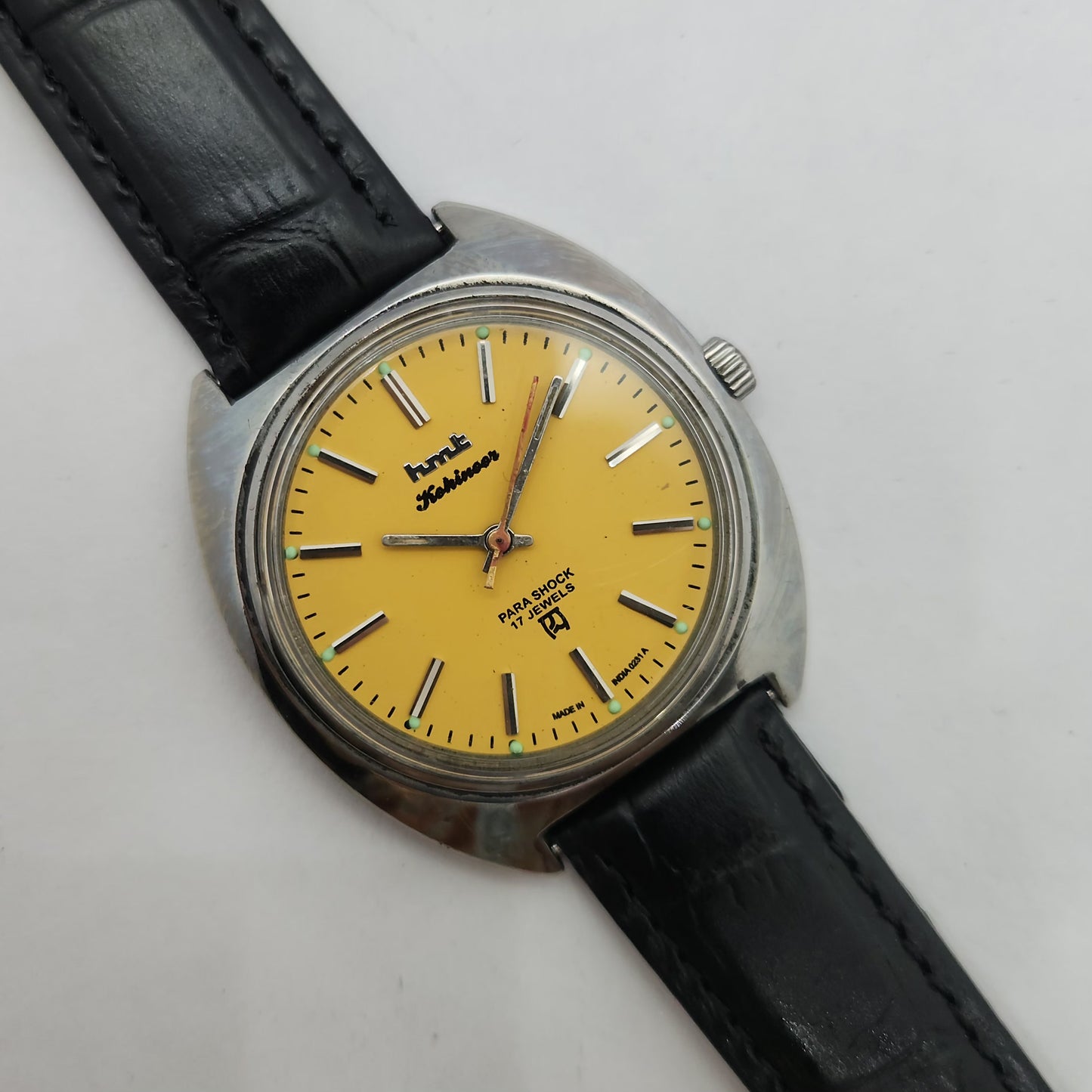 Vintage Original HMT Kohinoor Hand Winding 17 Jewels Yellow Face Brown Leather Strap Men's Wrist Watch OG188