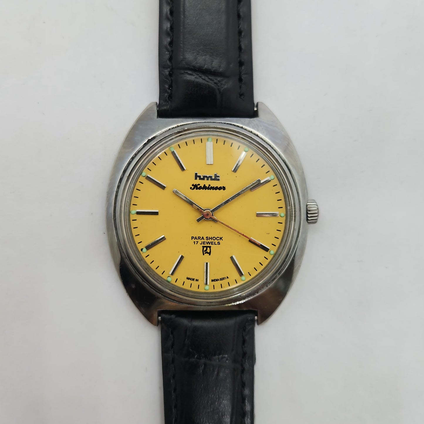 Vintage Original HMT Kohinoor Hand Winding 17 Jewels Yellow Face Brown Leather Strap Men's Wrist Watch OG188