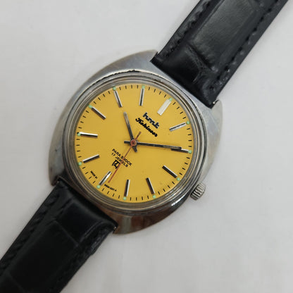 Vintage Original HMT Kohinoor Hand Winding 17 Jewels Yellow Face Brown Leather Strap Men's Wrist Watch OG188