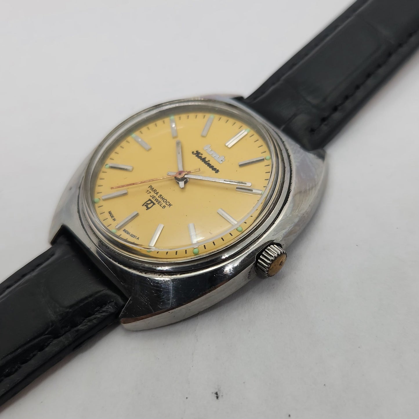 Vintage Original HMT Kohinoor Hand Winding 17 Jewels Yellow Face Brown Leather Strap Men's Wrist Watch OG188