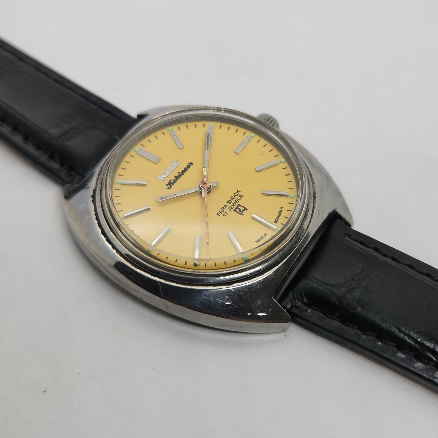 Vintage Original HMT Kohinoor Hand Winding 17 Jewels Yellow Face Brown Leather Strap Men's Wrist Watch OG188
