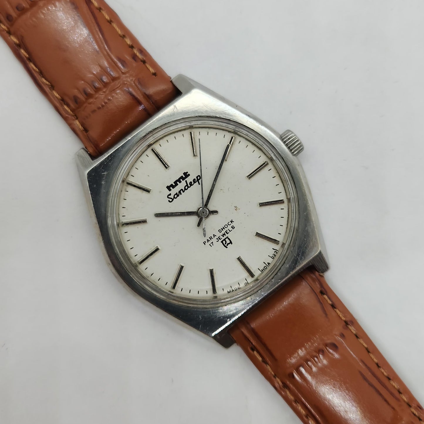 Vintage Original HMT Sandeep Hand Winding 17 Jewels White Face Brown Leather Strap Men's Wrist Watch OG189