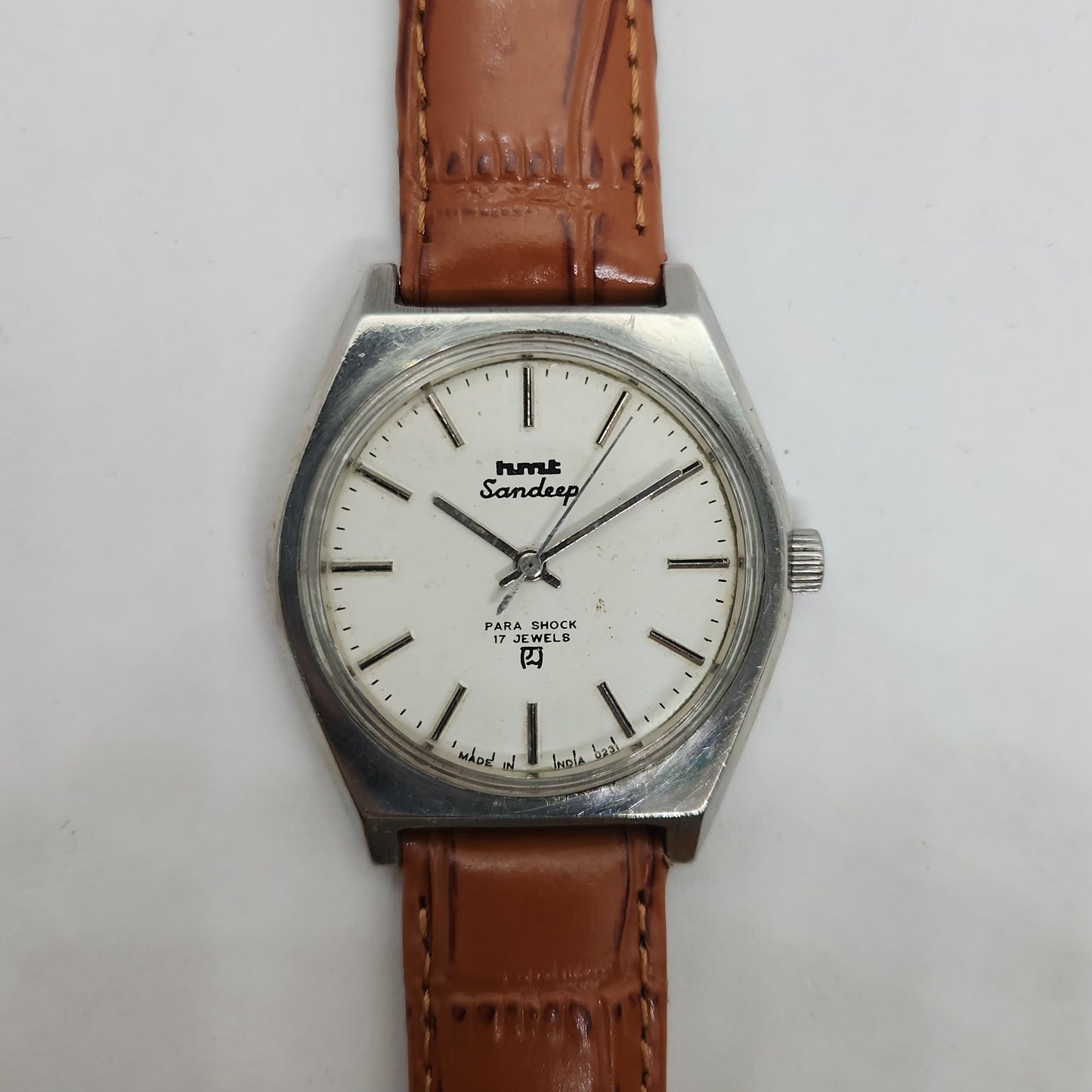 Vintage Original HMT Sandeep Hand Winding 17 Jewels White Face Brown Leather Strap Men's Wrist Watch OG189