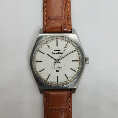 Vintage Original HMT Sandeep Hand Winding 17 Jewels White Face Brown Leather Strap Men's Wrist Watch OG189