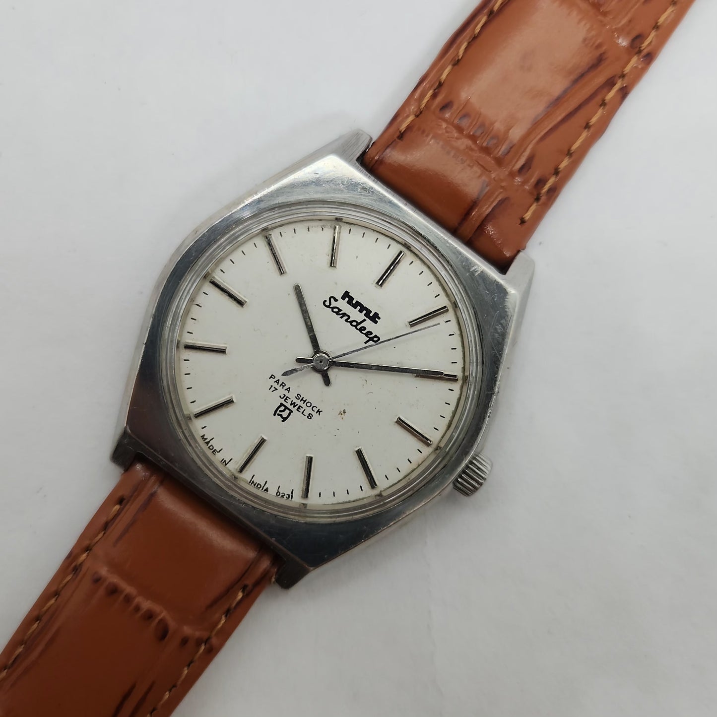 Vintage Original HMT Sandeep Hand Winding 17 Jewels White Face Brown Leather Strap Men's Wrist Watch OG189