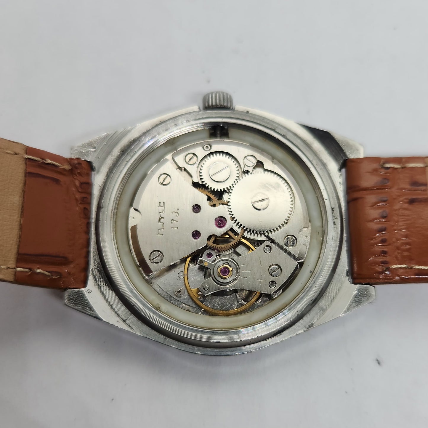 Vintage Original HMT Sandeep Hand Winding 17 Jewels White Face Brown Leather Strap Men's Wrist Watch OG189