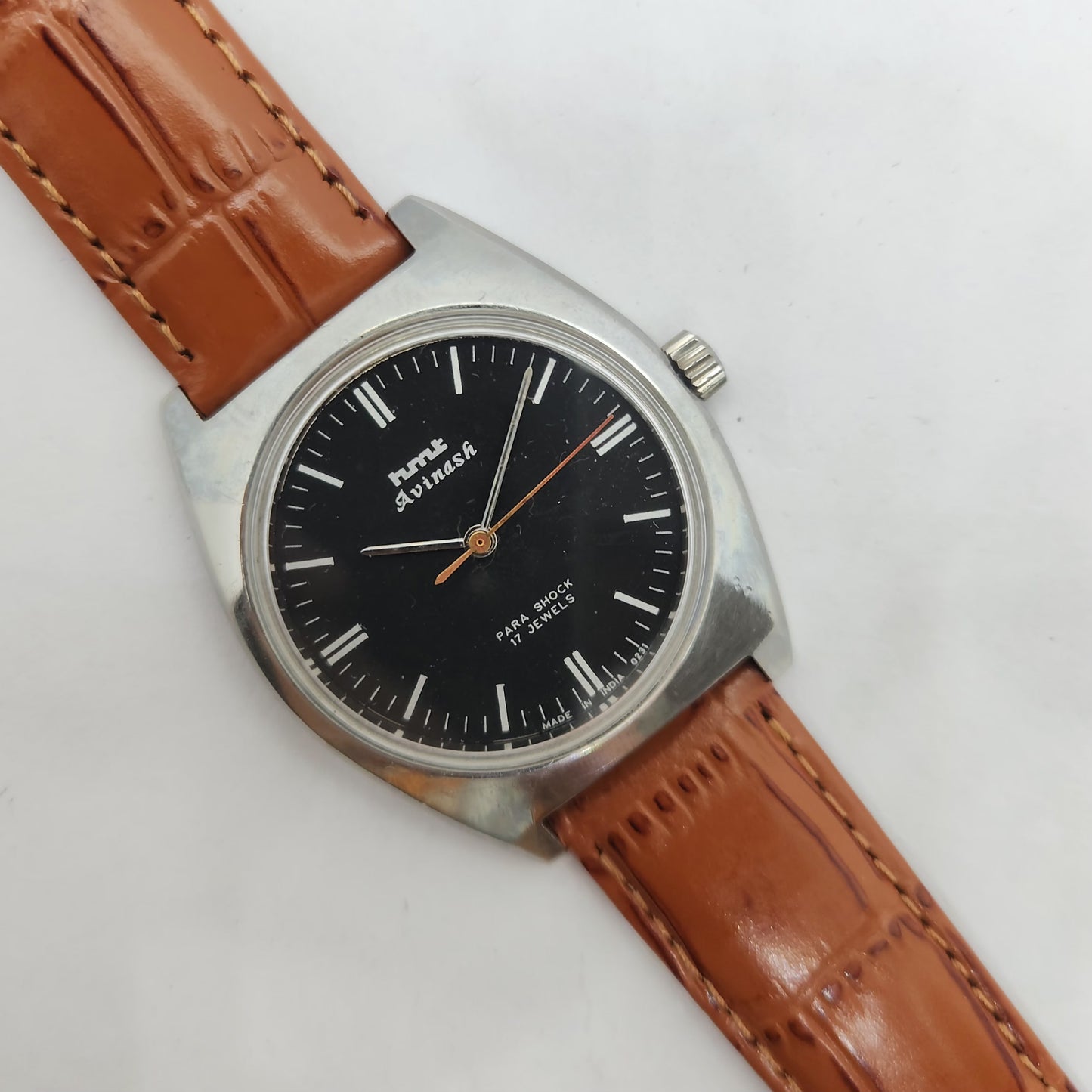 Vintage Original HMT Avinash Hand Winding 17 Jewels Black Face Brown Leather Strap Men's Wrist Watch OG190