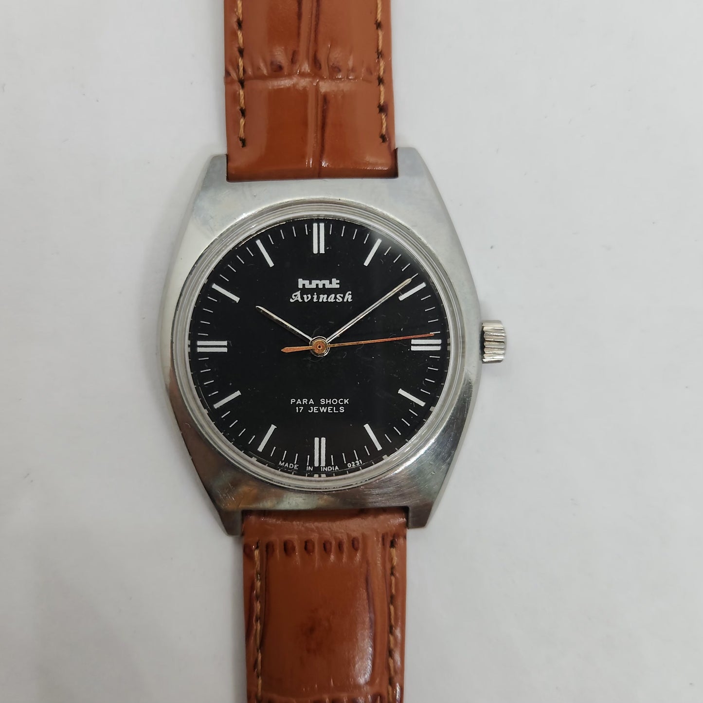 Vintage Original HMT Avinash Hand Winding 17 Jewels Black Face Brown Leather Strap Men's Wrist Watch OG190