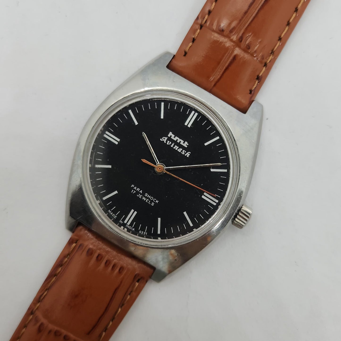 Vintage Original HMT Avinash Hand Winding 17 Jewels Black Face Brown Leather Strap Men's Wrist Watch OG190