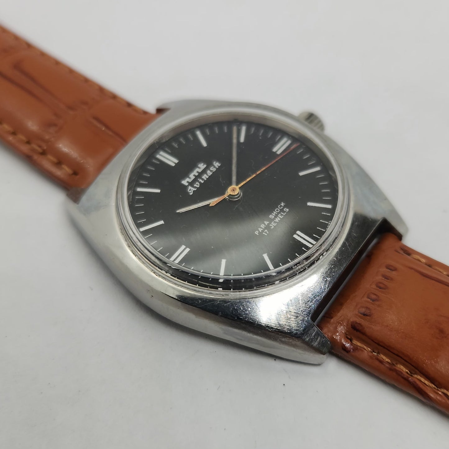 Vintage Original HMT Avinash Hand Winding 17 Jewels Black Face Brown Leather Strap Men's Wrist Watch OG190