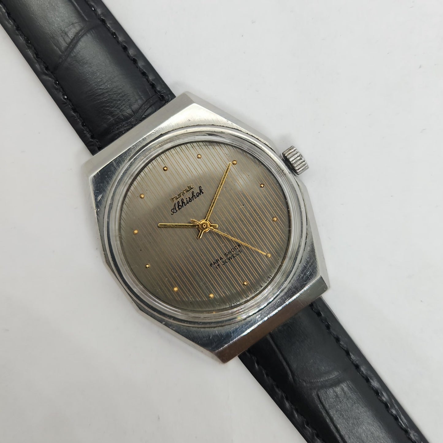 Vintage Original HMT Abhishek Hand Winding 17 Jewels Grey Face Black Leather Strap Men's Wrist Watch OG191