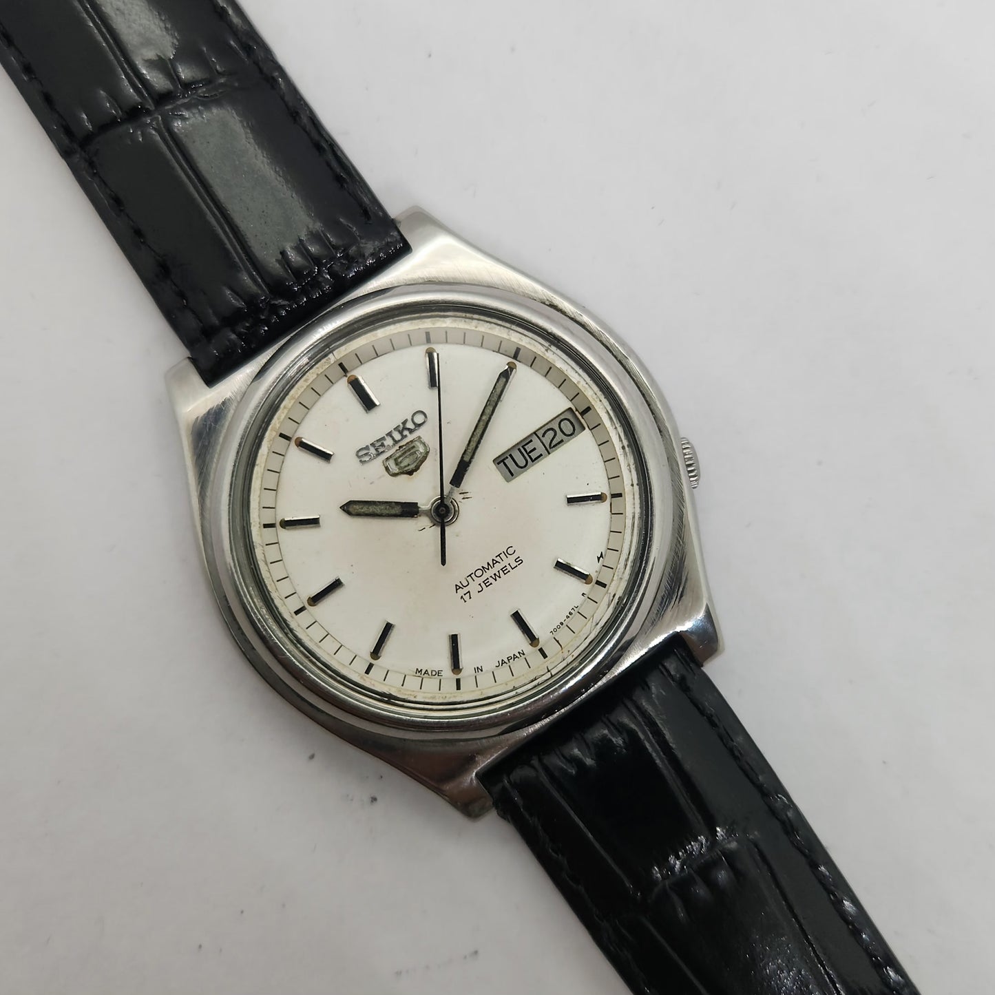 Vintage 1980 Original Seiko 5 Automatic 7009-3170 White face 21 Jewels Day-Date Japanese Men's Wrist Watch OG203