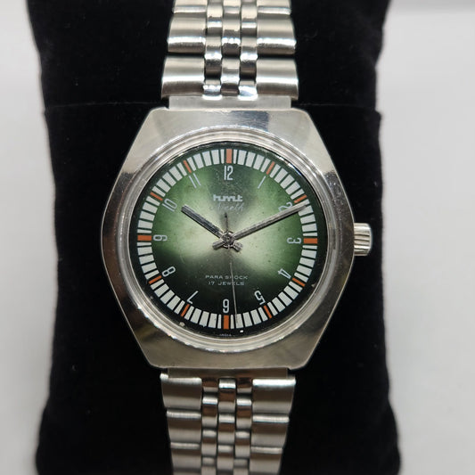 Vintage Original HMT Ajeeth Hand Winding 17 Jewels Green Face Jubilee Bracelet Men's Wrist Watch OG211