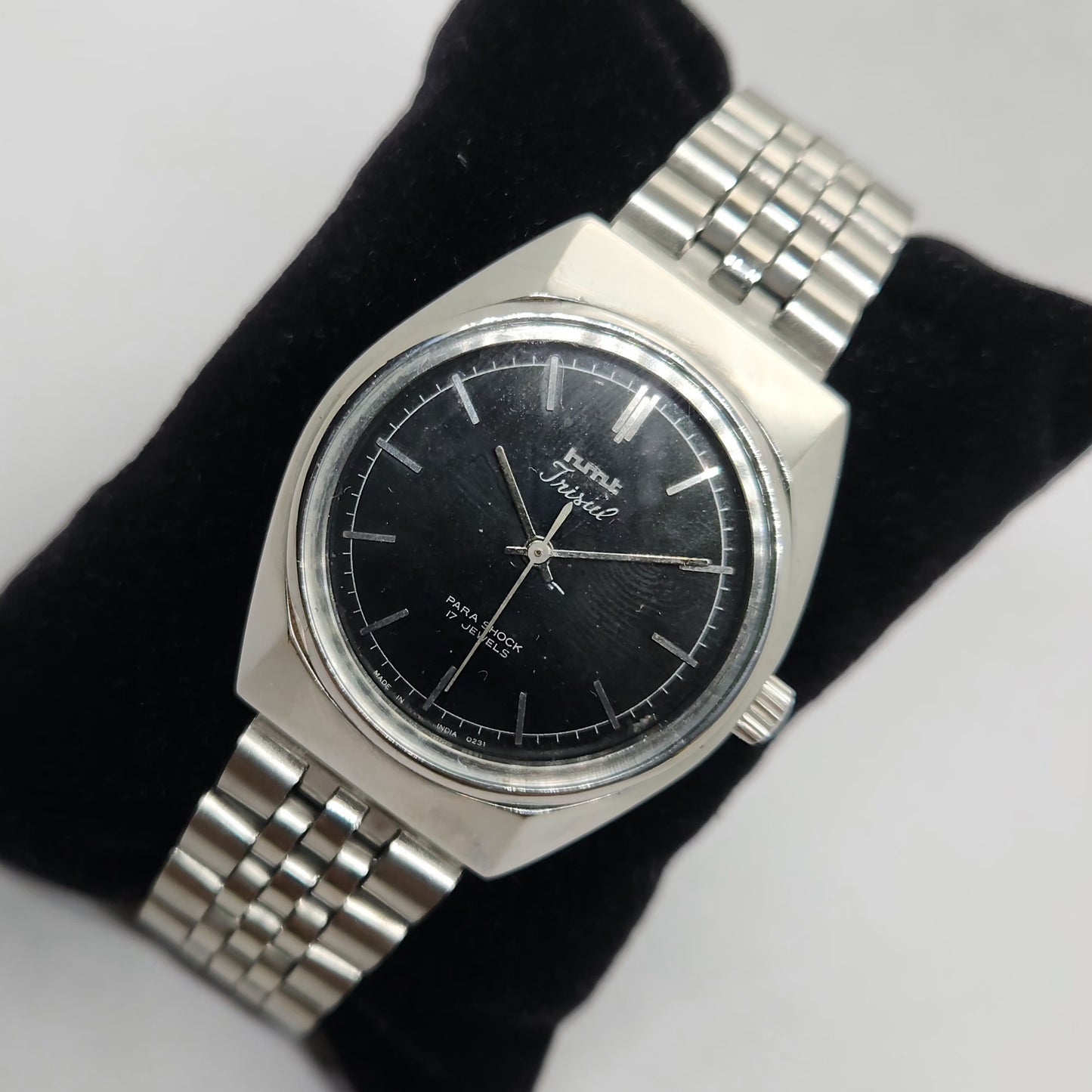 Vintage Original HMT Trisul Hand Winding 17 Jewels Black Face Jubilee Bracelet Men's Wrist Watch OG212