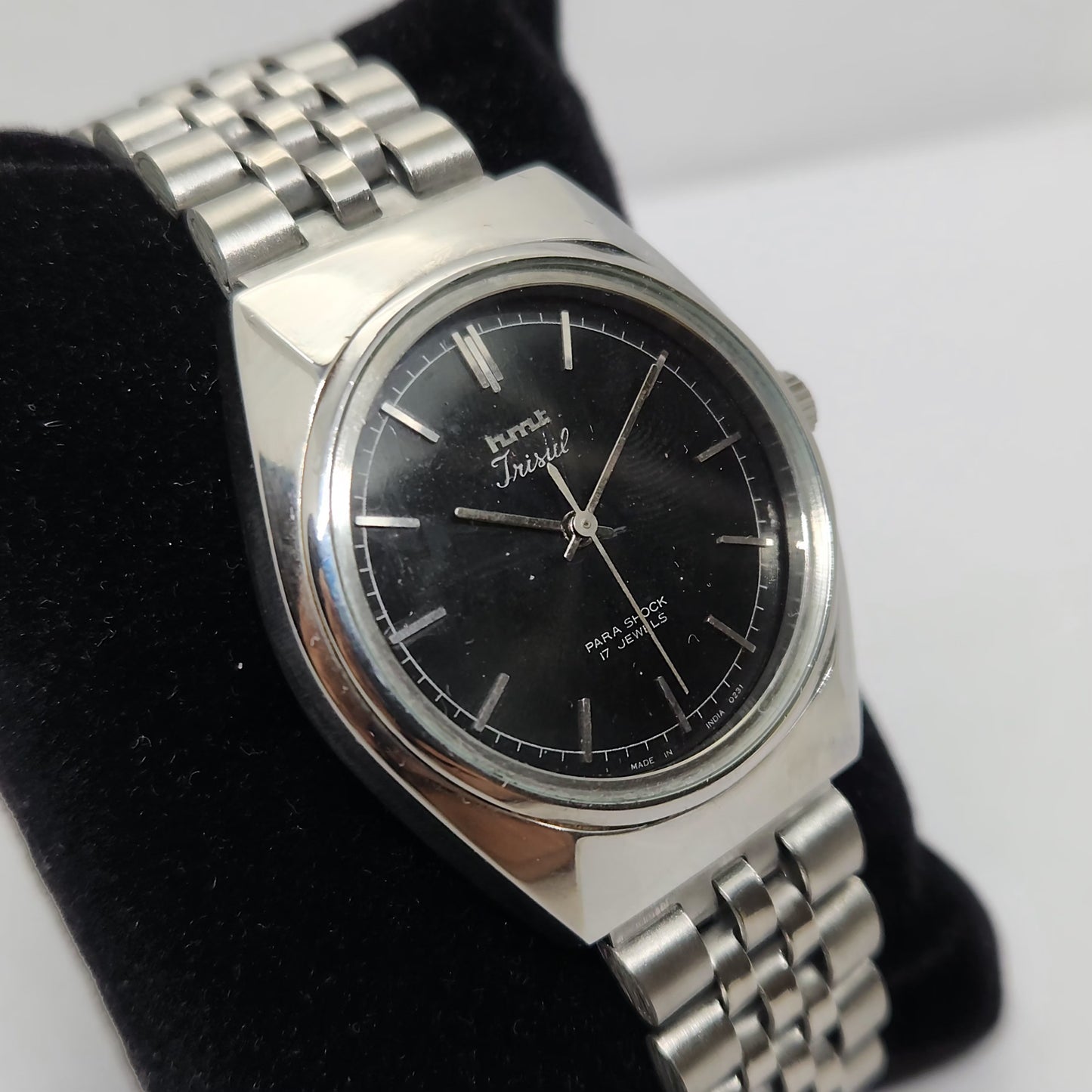 Vintage Original HMT Trisul Hand Winding 17 Jewels Black Face Jubilee Bracelet Men's Wrist Watch OG212