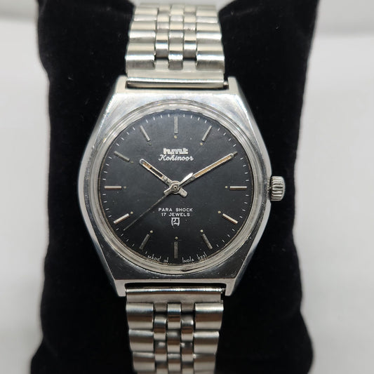 Vintage Original HMT Kohinoor Hand Winding 17 Jewels Black Face Jubilee Bracelet Men's Wrist Watch OG216