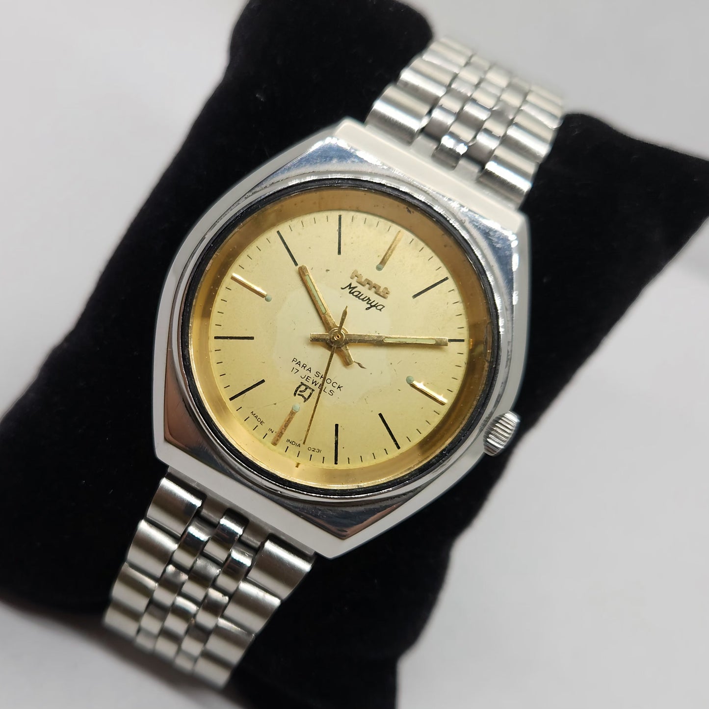 Vintage Original HMT Maurya Hand Winding 17 Jewels Gold Face Jubilee Bracelet Men's Wrist Watch OG217