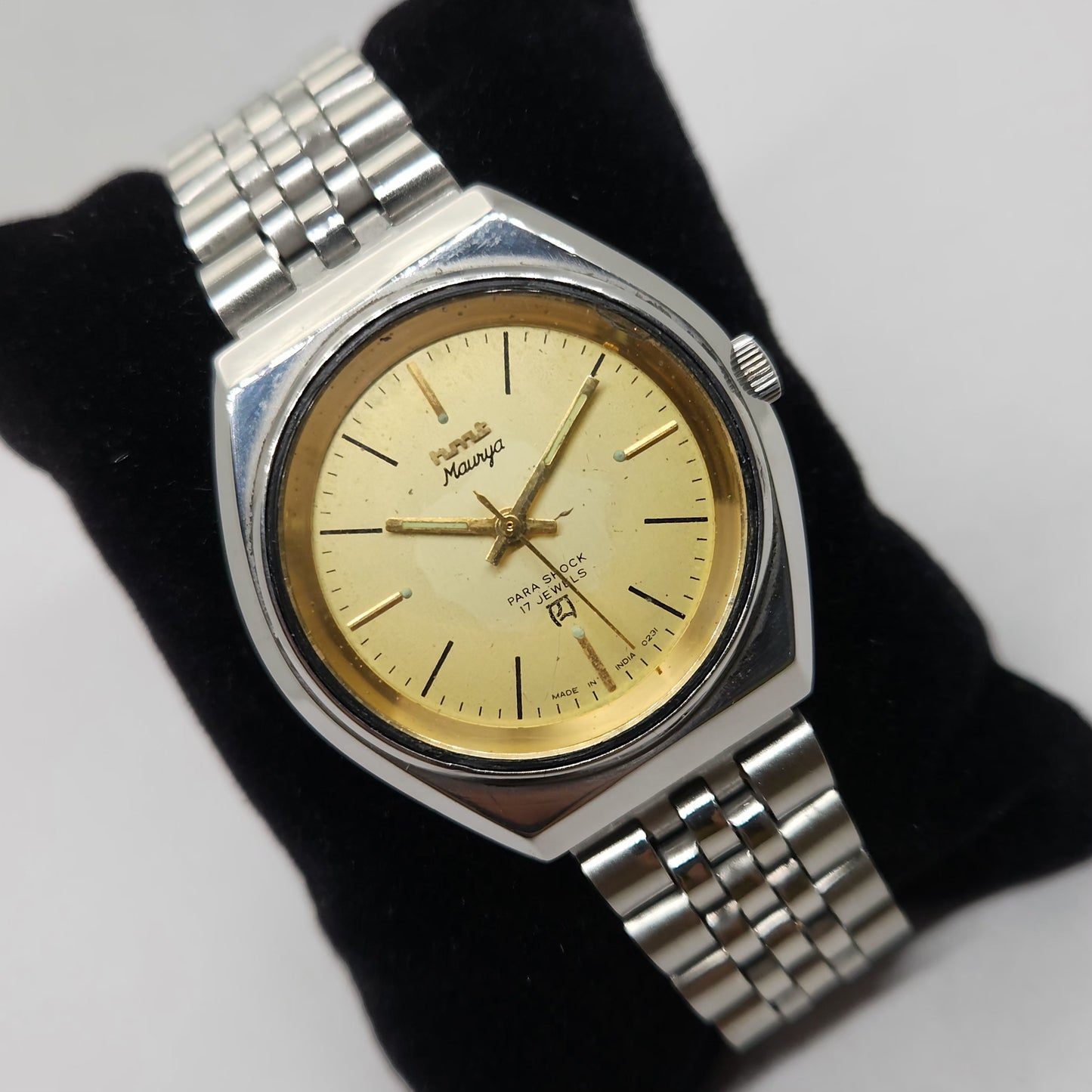 Vintage Original HMT Maurya Hand Winding 17 Jewels Gold Face Jubilee Bracelet Men's Wrist Watch OG217