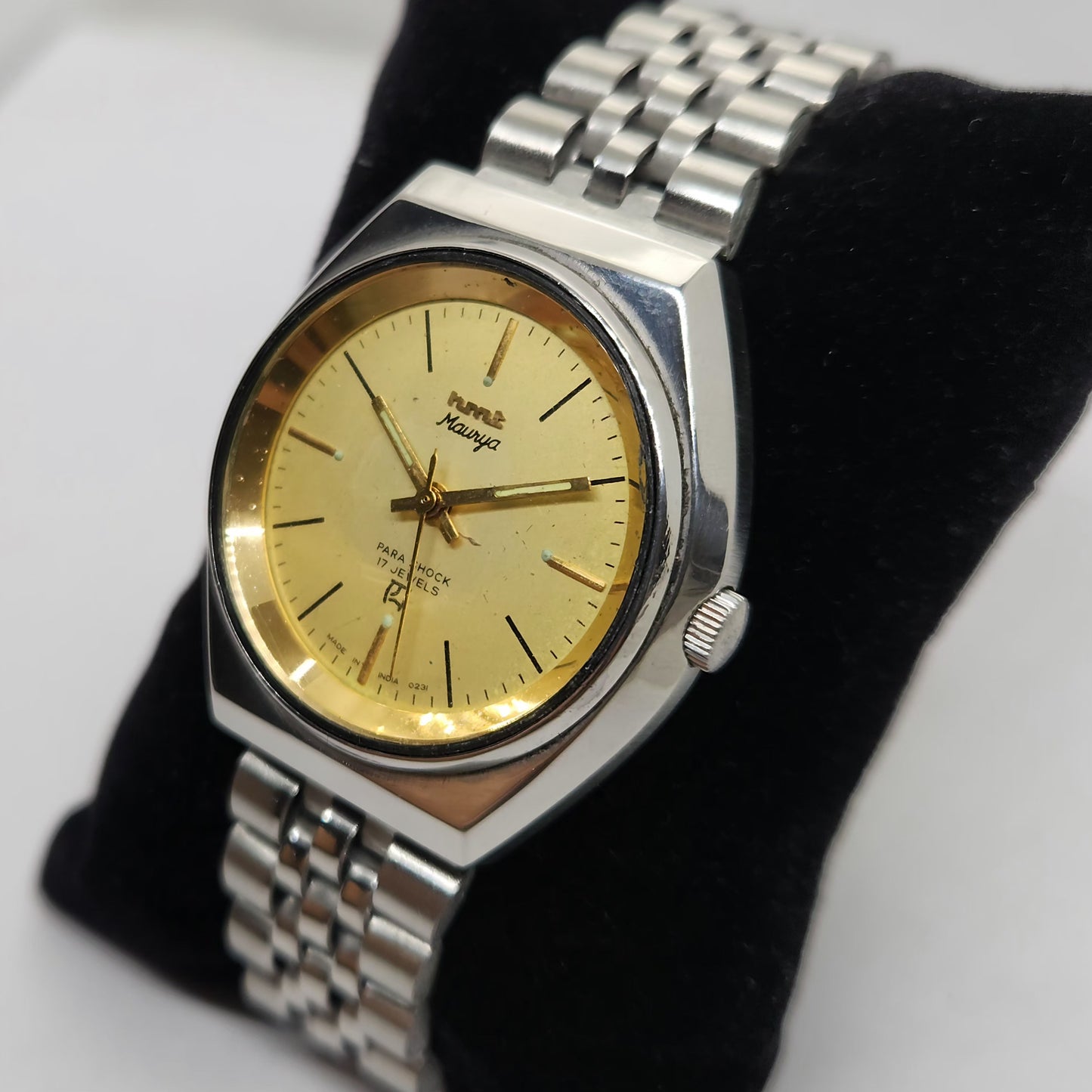 Vintage Original HMT Maurya Hand Winding 17 Jewels Gold Face Jubilee Bracelet Men's Wrist Watch OG217