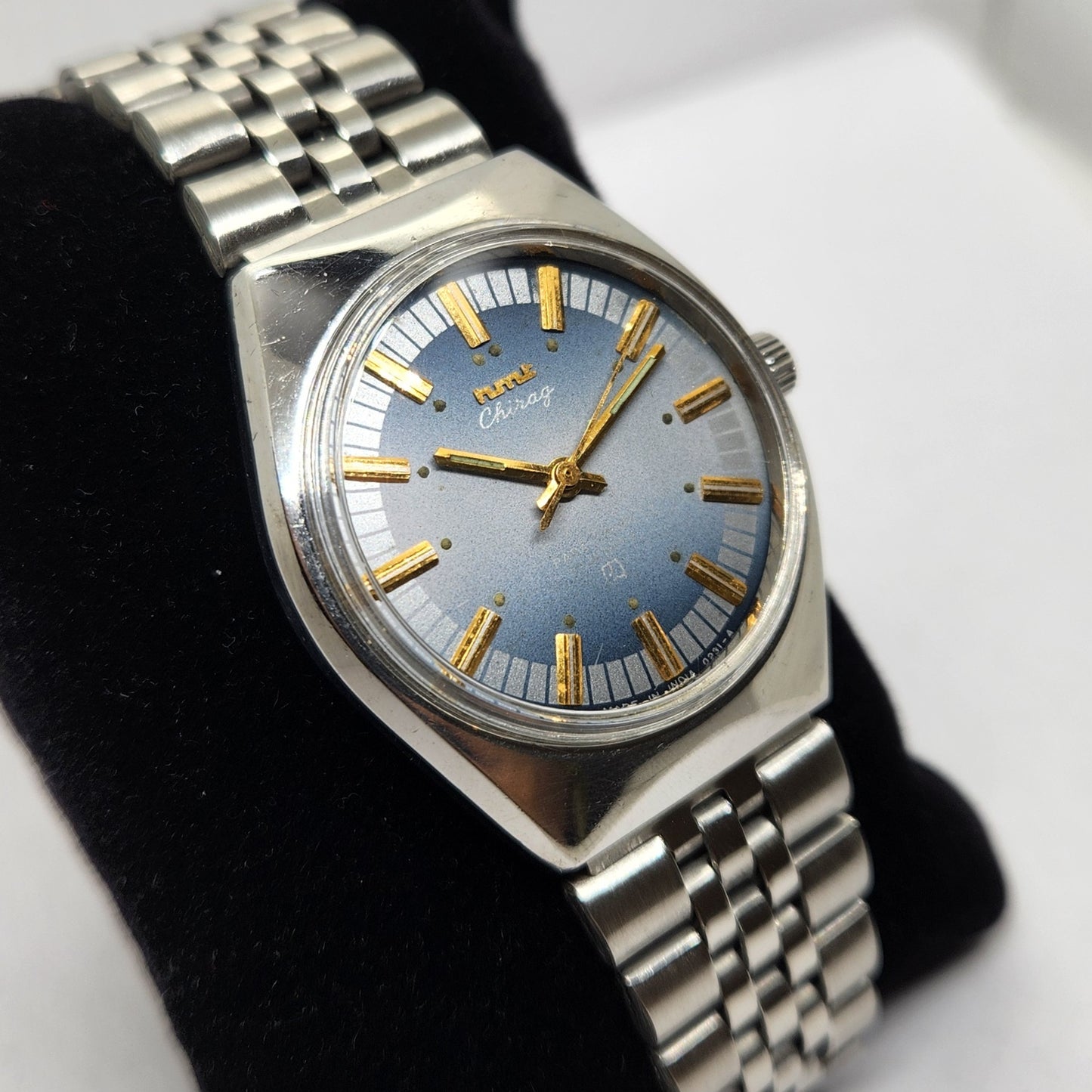 Vintage Original HMT Chirag Hand Winding 17 Jewels Blue Face Jubilee Bracelet Men's Wrist Watch OG218
