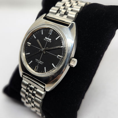 Vintage Original HMT Vijay Hand Winding 17 Jewels Black Face Jubilee Bracelet Men's Wrist Watch OG224