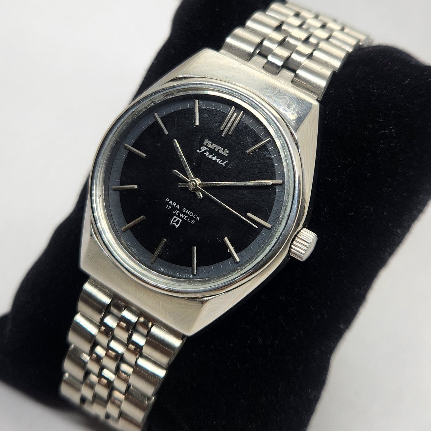 Vintage Original HMT Trisul Hand Winding 17 Jewels Black Face Jubilee Bracelet Men's Wrist Watch OG233