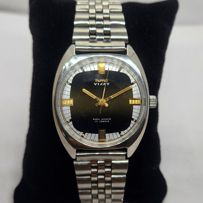 Vintage Original HMT Vijay Hand Winding 17 Jewels Black Face Jubilee Bracelet Men's Wrist Watch OG235