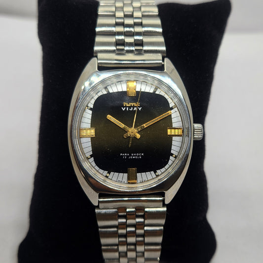 Vintage Original HMT Vijay Hand Winding 17 Jewels Black Face Jubilee Bracelet Men's Wrist Watch OG235