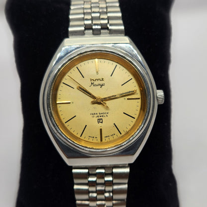 Vintage Original HMT Maurya Hand Winding 17 Jewels Gold Face Jubilee Bracelet Men's Wrist Watch OG239