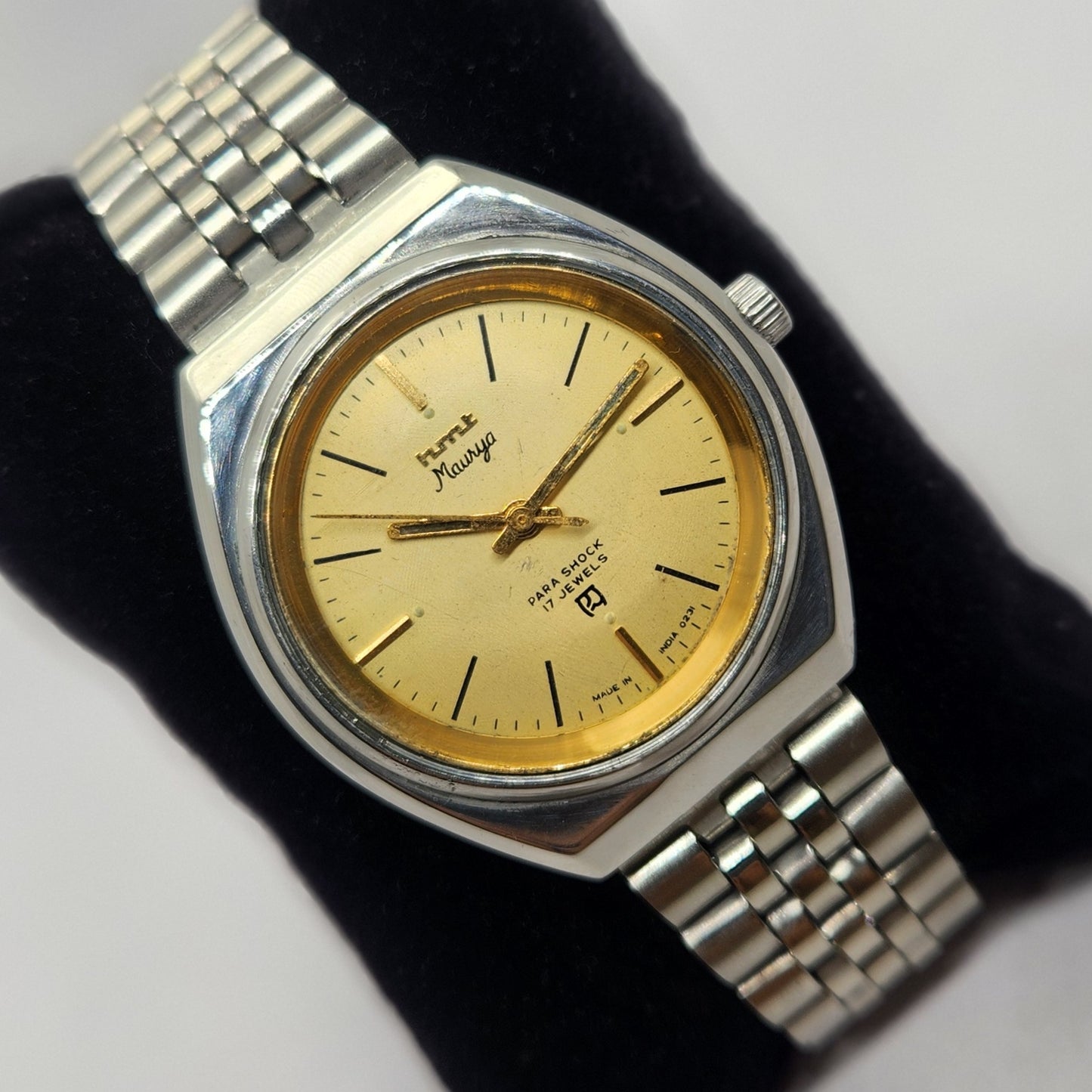 Vintage Original HMT Maurya Hand Winding 17 Jewels Gold Face Jubilee Bracelet Men's Wrist Watch OG239