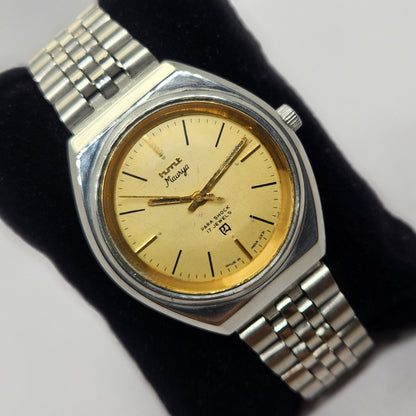 Vintage Original HMT Maurya Hand Winding 17 Jewels Gold Face Jubilee Bracelet Men's Wrist Watch OG239