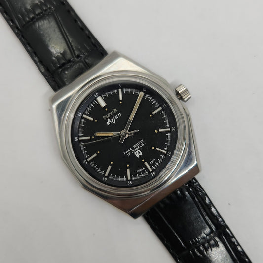 Vintage Original HMT Arjun Hand Winding 17 Jewels Black Face Men's Wrist Watch OG243