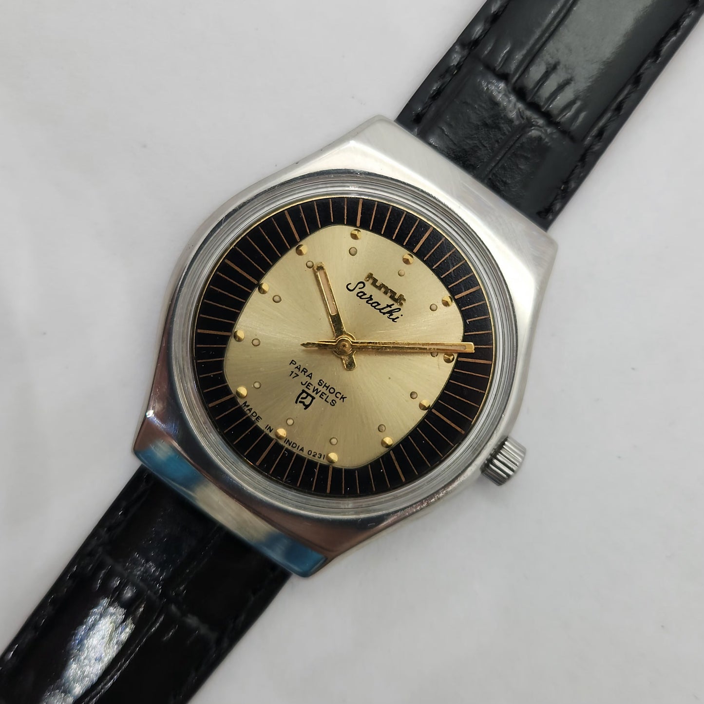 Vintage Original HMT Sarathi Hand Winding 17 Jewels Gold Face Men's Wrist Watch OG246