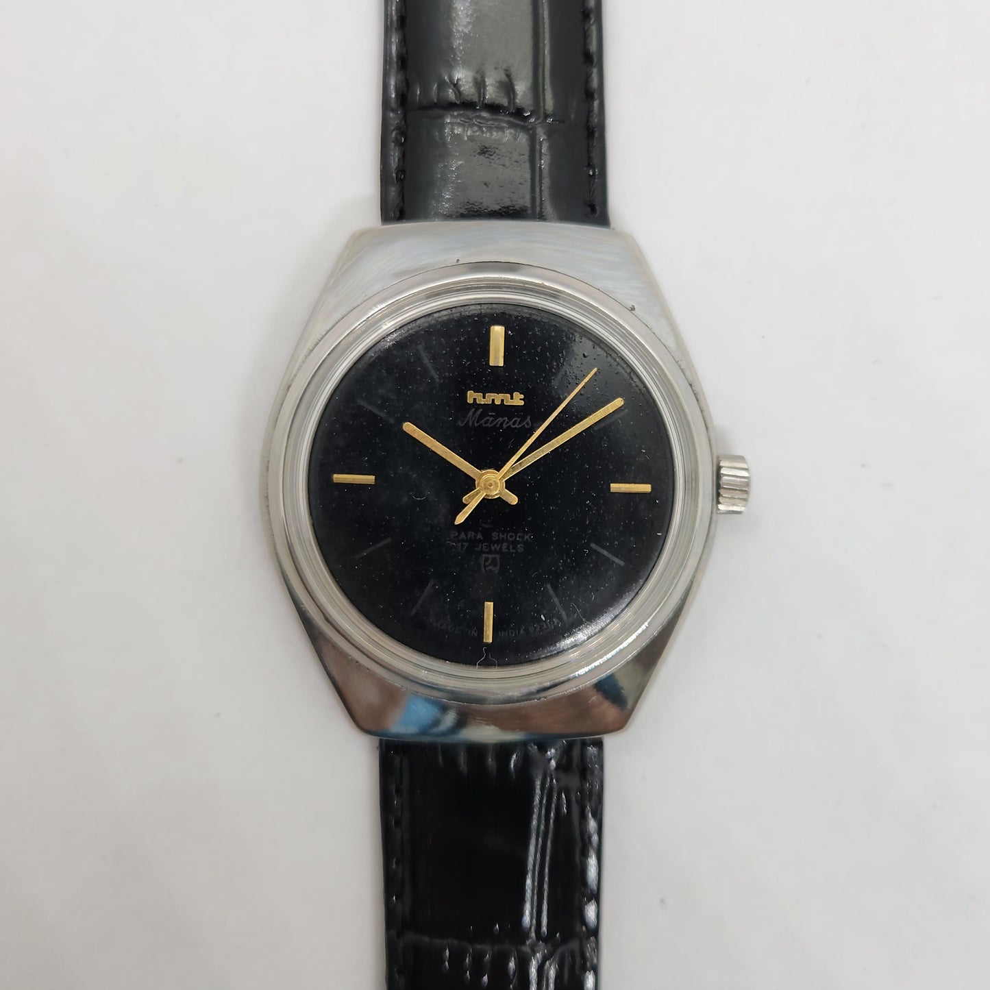 Vintage Original HMT Manas Hand Winding 17 Jewels Black Face Men's Wrist Watch OG249