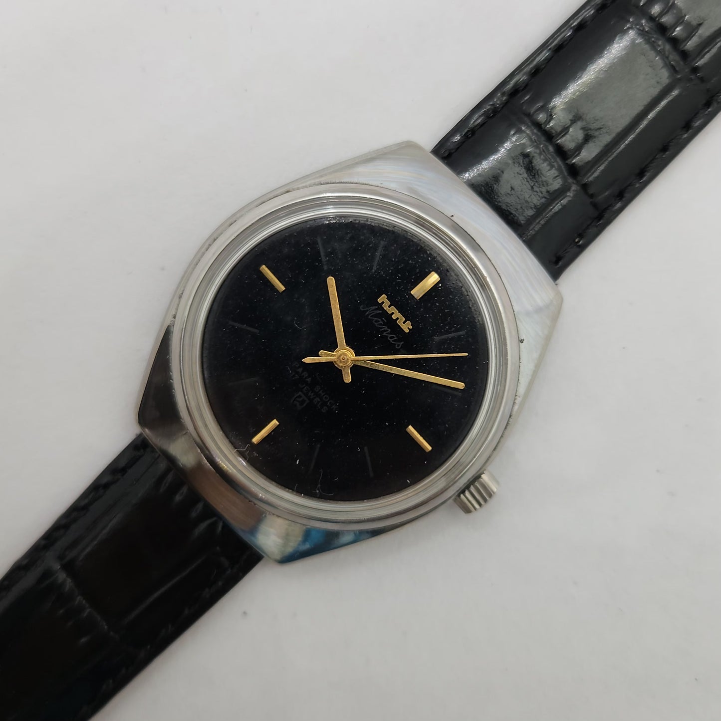 Vintage Original HMT Manas Hand Winding 17 Jewels Black Face Men's Wrist Watch OG249