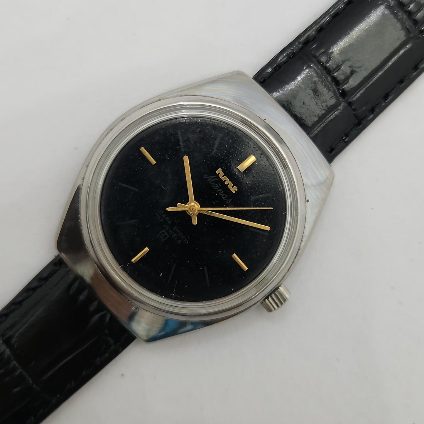 Vintage Original HMT Manas Hand Winding 17 Jewels Black Face Men's Wrist Watch OG249