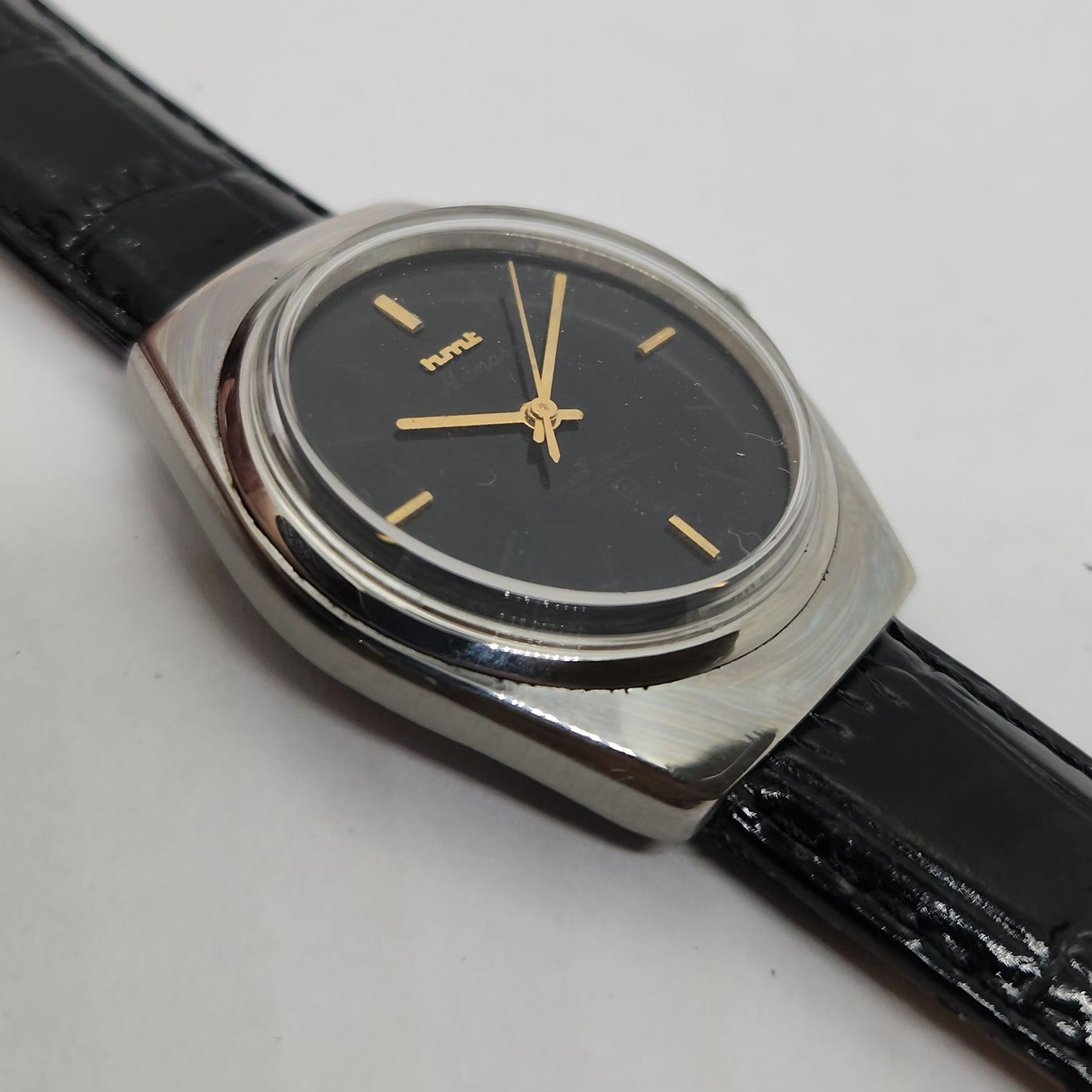 Vintage Original HMT Manas Hand Winding 17 Jewels Black Face Men's Wrist Watch OG249