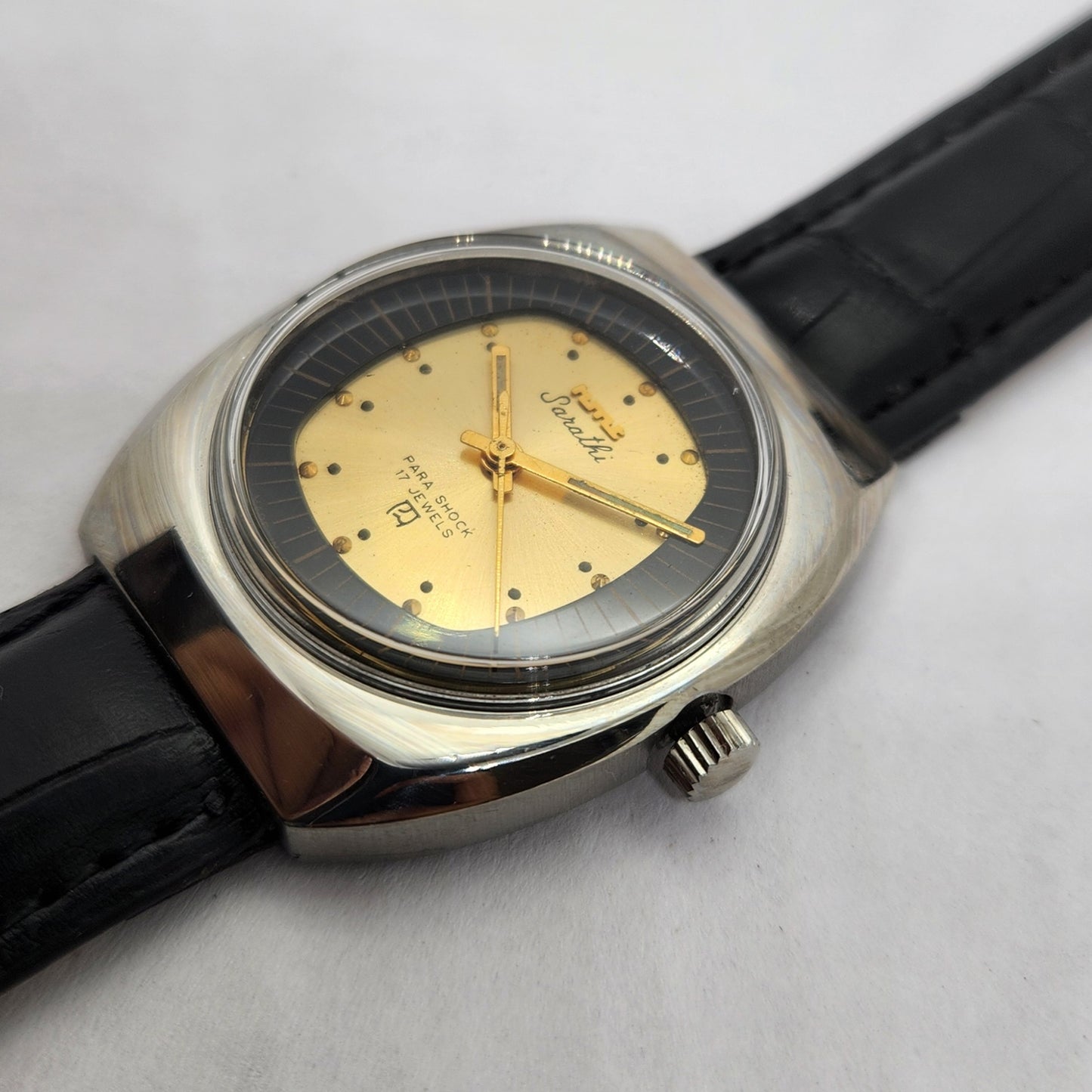 Vintage Original HMT Sarathi Hand Winding 17 Jewels Gold Face Men's Wrist Watch OG255