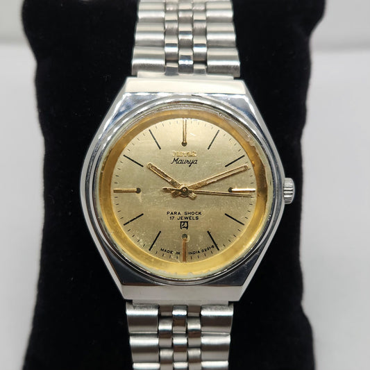 Vintage Original HMT Maurya Hand Winding 17 Jewels Gold Face Men's Wrist Watch OG265