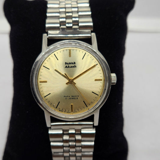 Vintage Original HMT Akash Hand Winding 17 Jewels Gold Face Men's Wrist Watch OG311