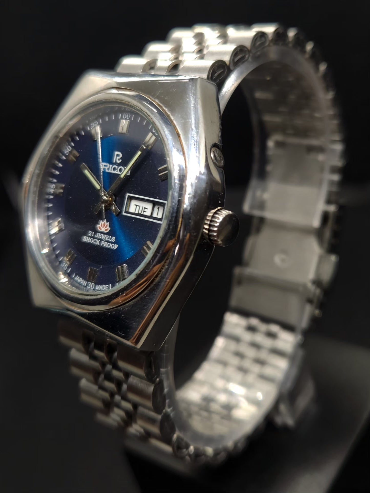 Vintage Ricoh R31 Automatic Blue Face New Bracelet 21 Jewels Day Date Men's Wrist Watch AS01