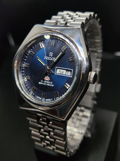 Vintage Ricoh R31 Automatic Blue Face New Bracelet 21 Jewels Day Date Men's Wrist Watch AS01