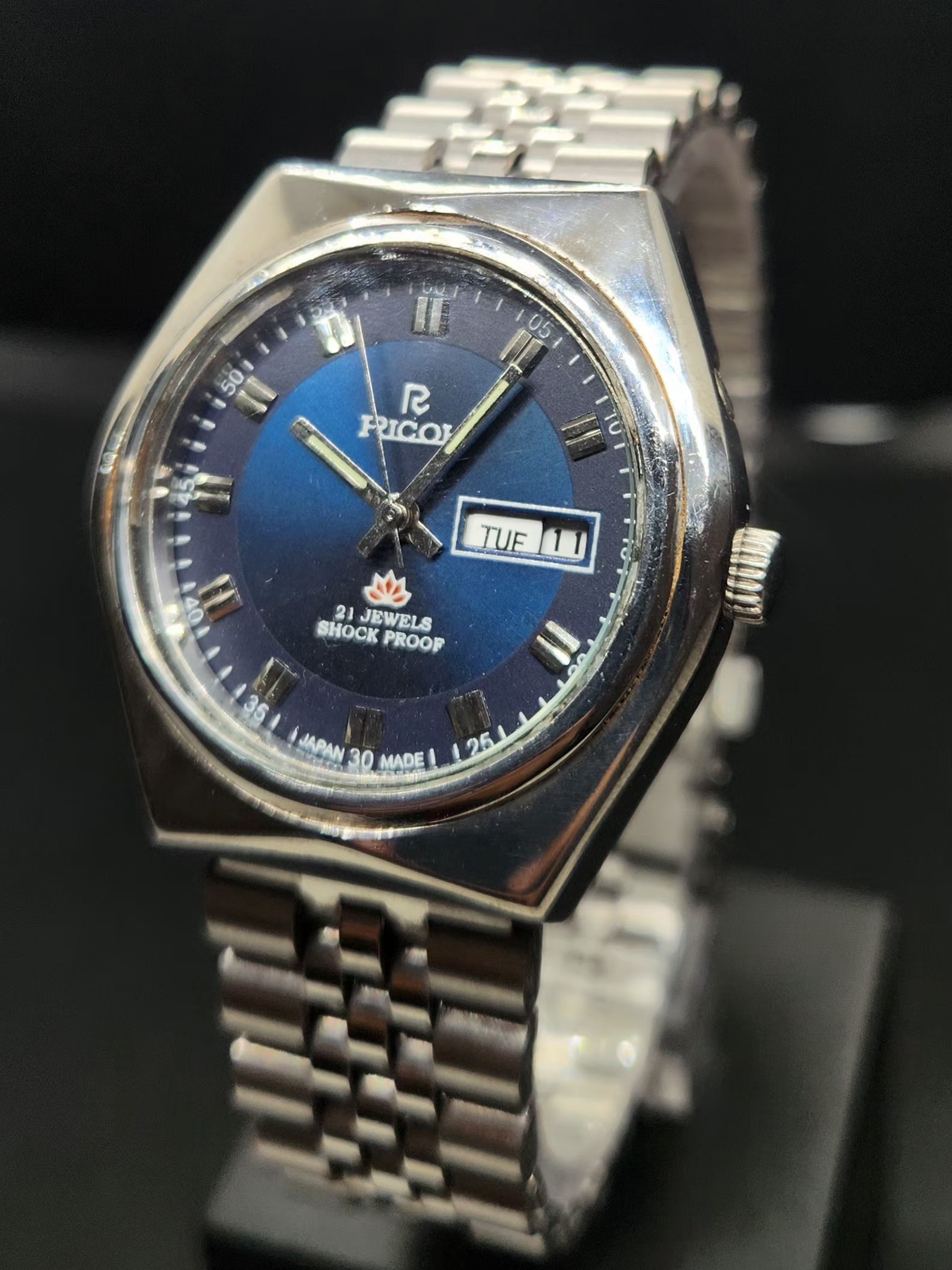 Vintage Ricoh R31 Automatic Blue Face New Bracelet 21 Jewels Day Date Men's Wrist Watch AS01