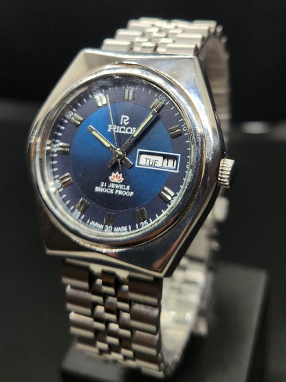 Vintage Ricoh R31 Automatic Blue Face New Bracelet 21 Jewels Day Date Men's Wrist Watch AS01