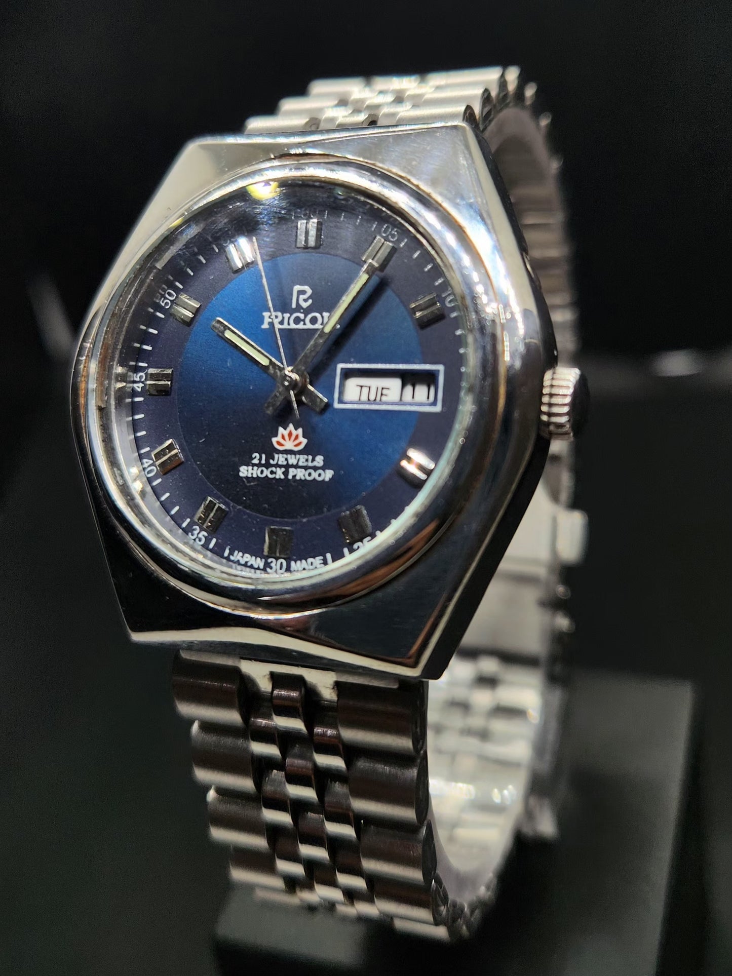 Vintage Ricoh R31 Automatic Blue Face New Bracelet 21 Jewels Day Date Men's Wrist Watch AS01
