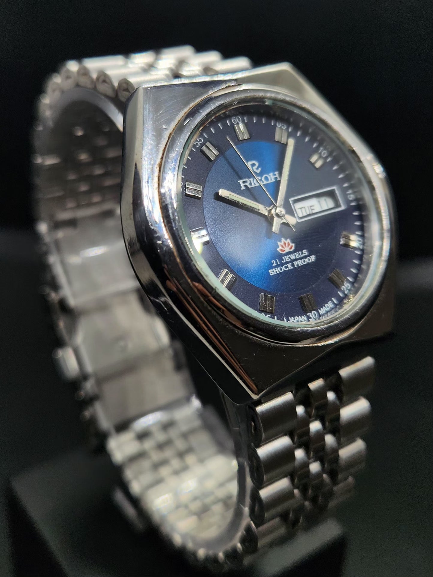Vintage Ricoh R31 Automatic Blue Face New Bracelet 21 Jewels Day Date Men's Wrist Watch AS01